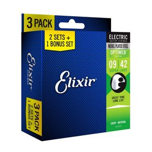 Encordoamento Elixir 009 Super Light Optiweb para Guitarra Pack 3 Unidades